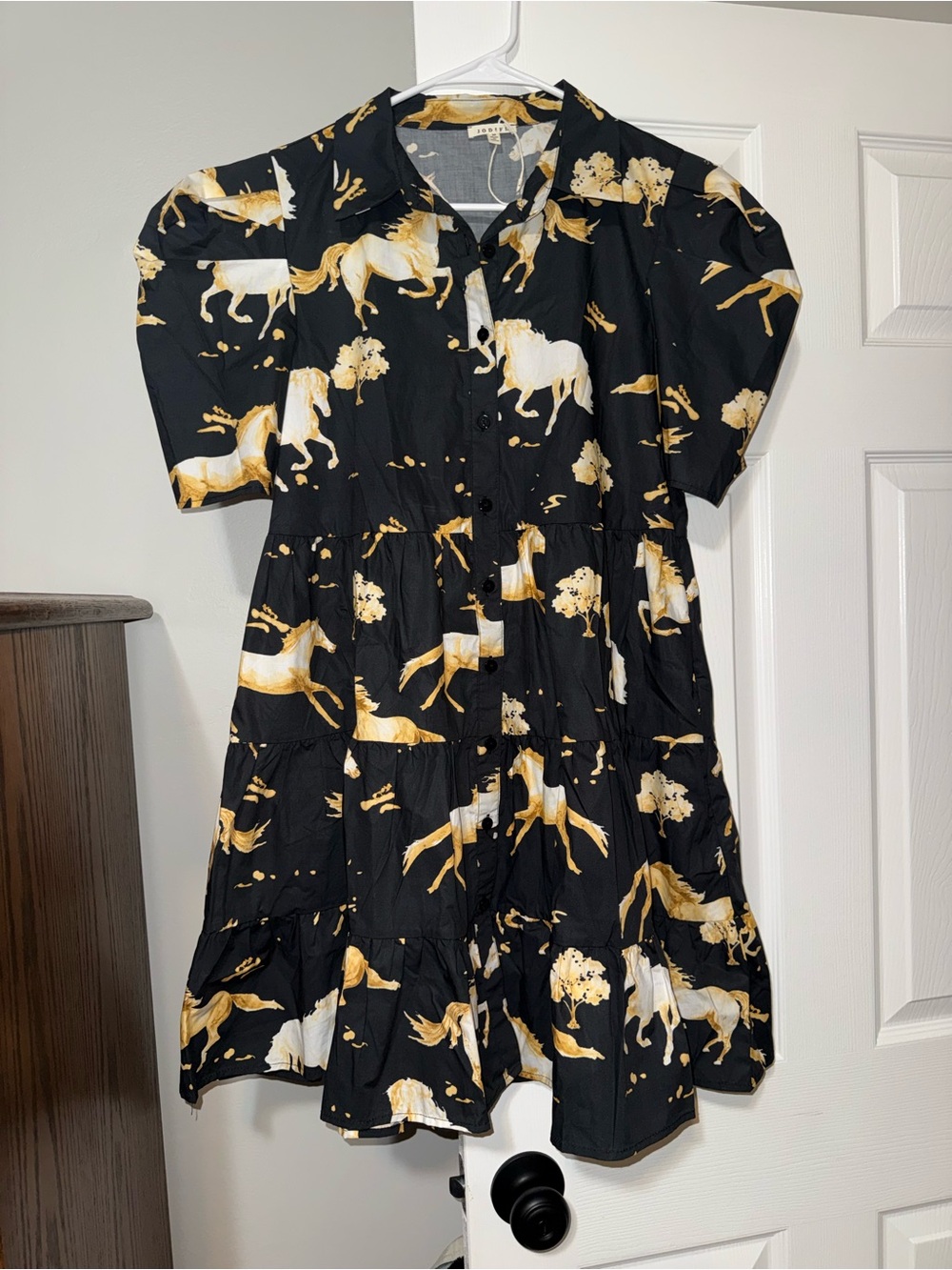 JODIFL Black Dress with Gold & White Horse Print